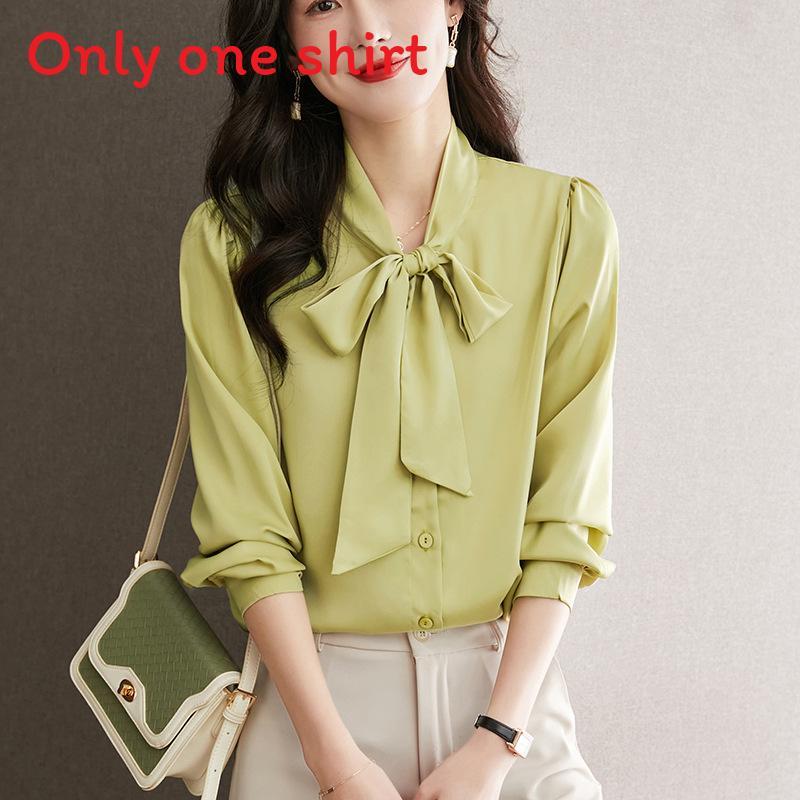 Blue Bowknot Shirt With Satin Fabric And Tie Detail For Office Women