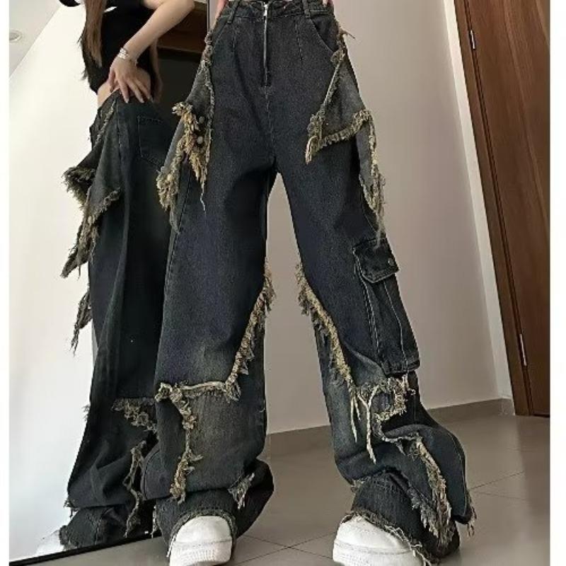 

Women s Retro Loose Fit Slim Jeans with Raw Edge - Spring Design, Wide-Leg, Trendy Trousers S синий
