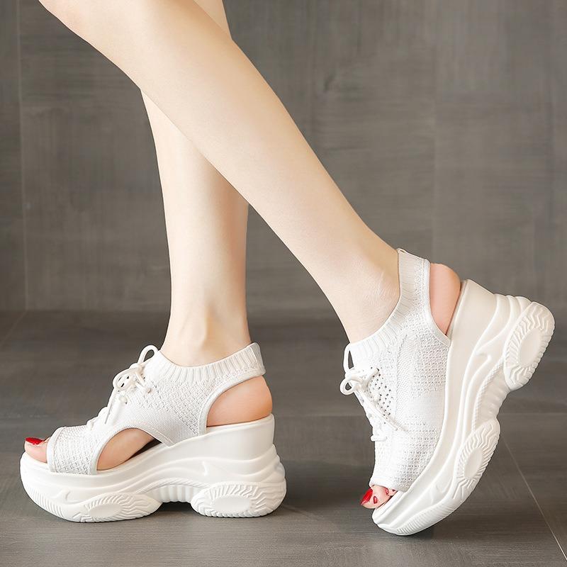 Sports Sandals Women's High-heeled Large-size Wedge Heel Fish Mouth Women's Sandals Thick-soled Mesh Lace-up Elastic Women's Shoes