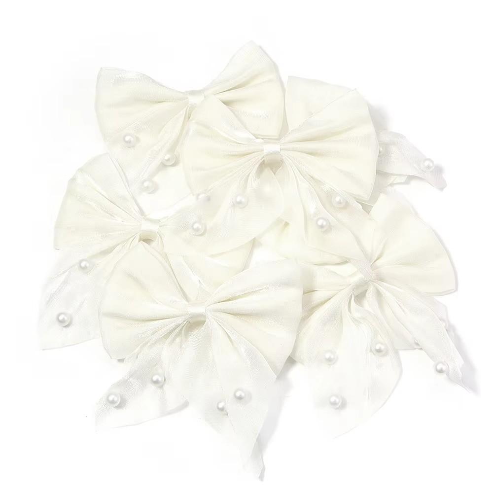 10pcs 10pcs Bow Appliques Pearl Beaded DIY Patches Hair Accessories Ornament Beaded Design Satin Tulle Beaded Bow Patches