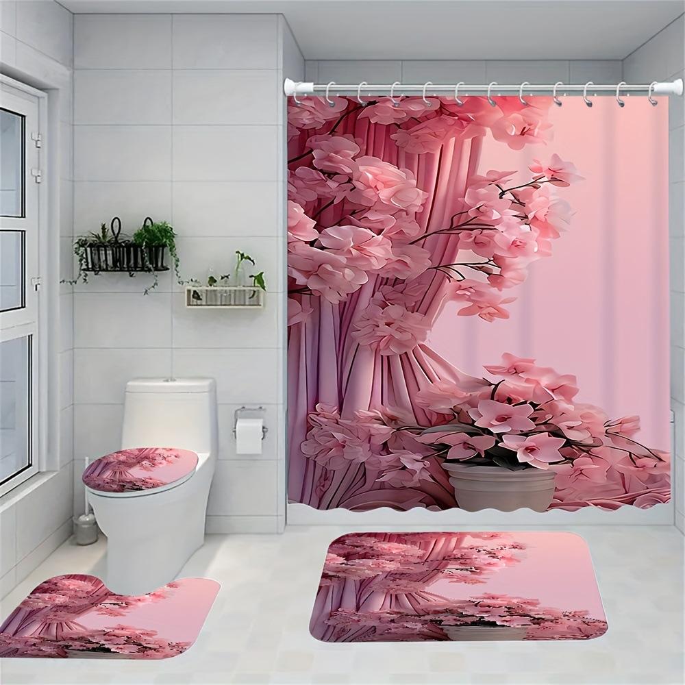 Tume Supply Bathroom Four-Piece Pink Flower Curtain Pattern Shower Curtain Floor Mat Toilet Mat Set