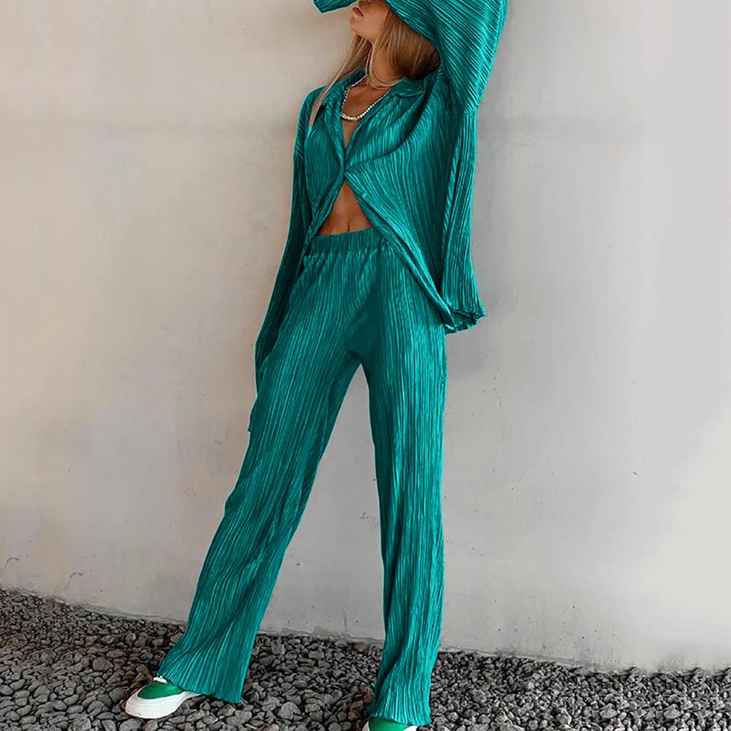 Women's 2 Piece Casual Outfits Long Sleeve Button Down Shirt High Waist Long Pants Loungewear Streetwear