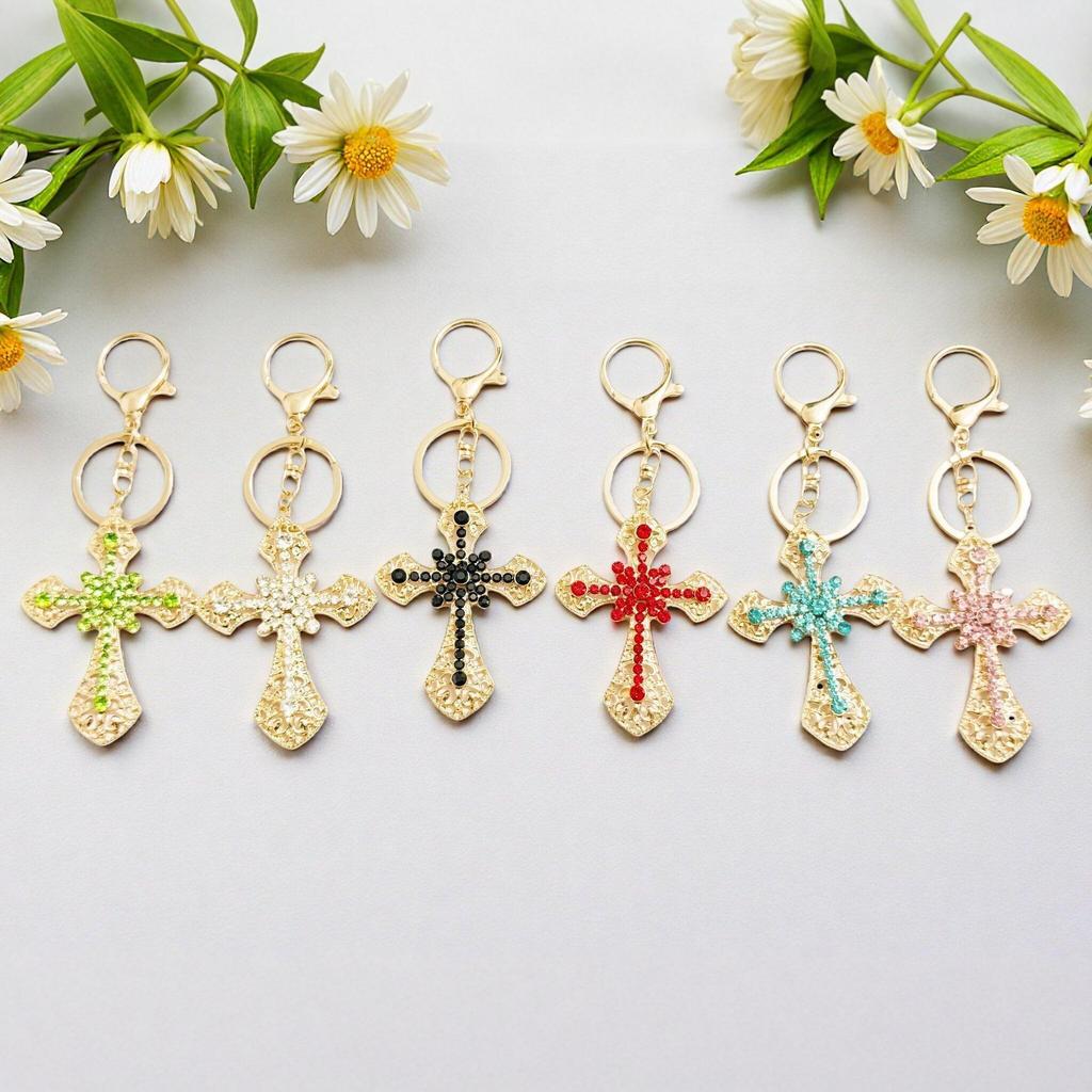 Micro-Paved Rhinestone Cross Metal Keychain: Hot Selling Car and Bag Charm Keyring