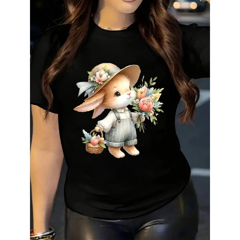 

Women s Short Sleeve Round Neck Casual T-shirt Cute Rabbit and Rose Prints Perfect Gift for All Seasons Women Clothing S