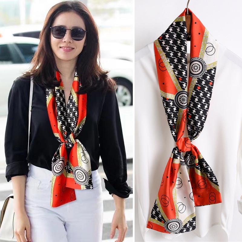 Long small silk scarf spring and summer new with shirt streamer multi-functional belt hair tie high-end printed scarf