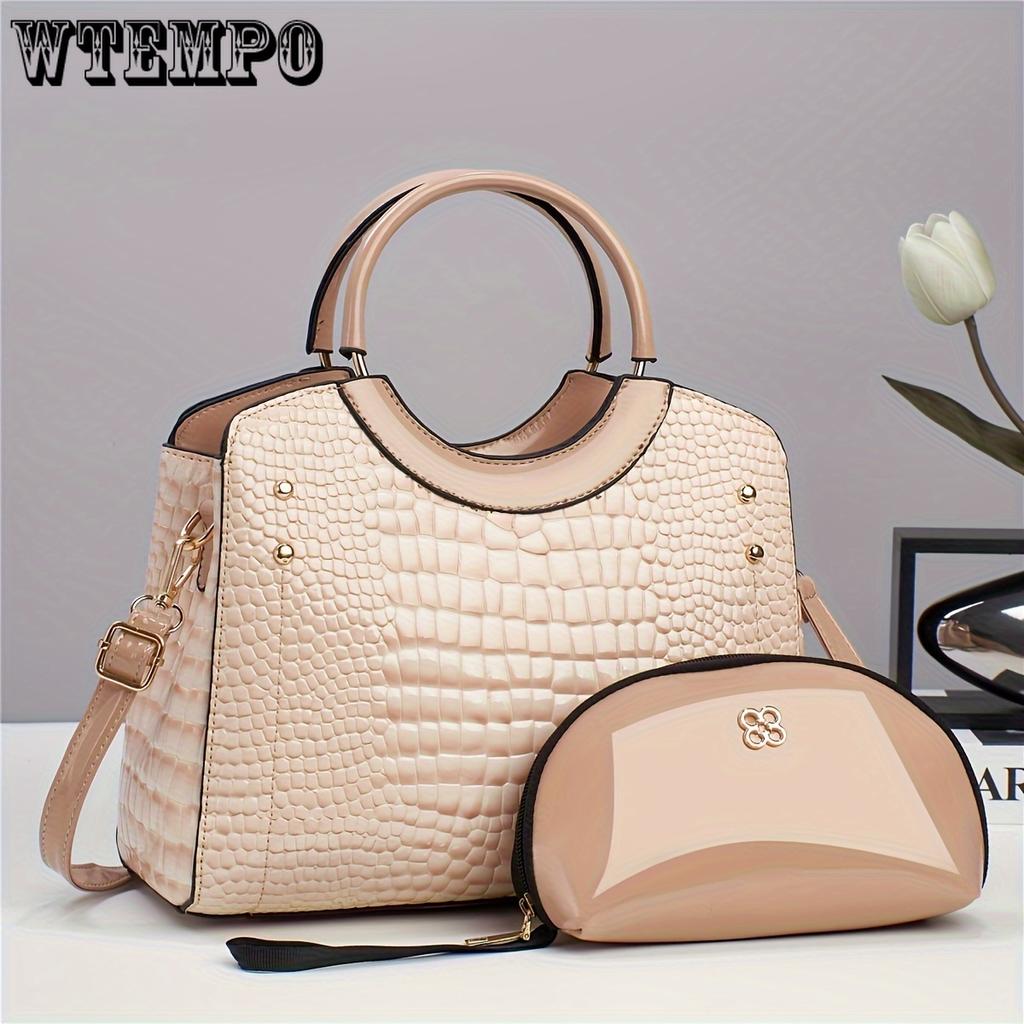 Geantă tote-mamă strălucitoare cu volum mare, elegantă, cu imprimeu de crocodil
