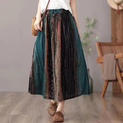 Women Vintage Print Long Skirt Elastic Waist A-Line Flowy Boho Casual Midi Skirt