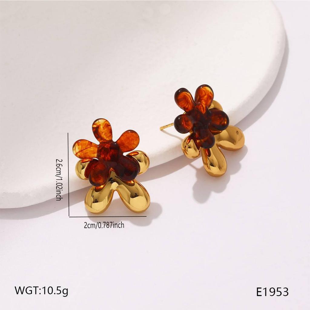 Vintage Amber Gradient Flower & Heart Stainless Steel Stud Earrings with Sun Pattern