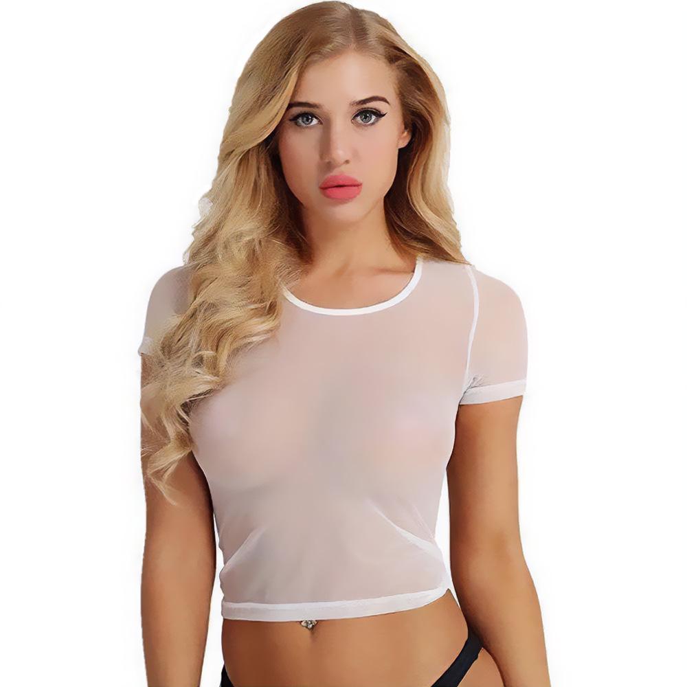 Sexy Sheer Short Sleeve Mesh Crop Top Pajamas