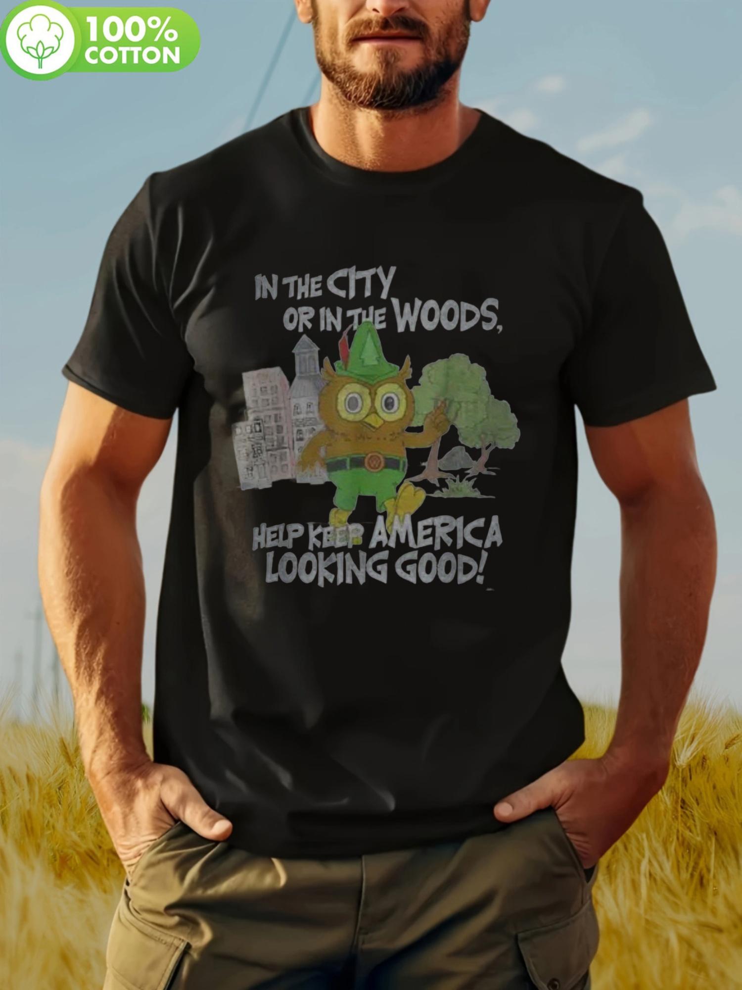 

100% Cotton 180gsm Owl Graphic T-shirt - In the City or in the Woods Design M