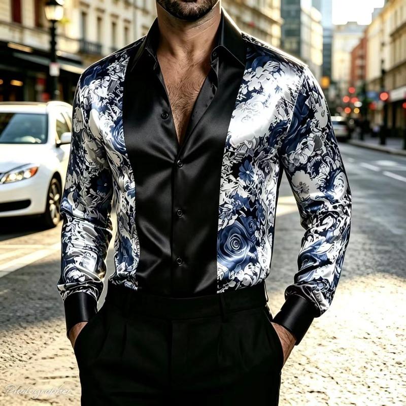 Satin Silk Long Sleeved Printed Men's Shirt Slim Fit Party Nightclub Casual Formal Shirt, 2026 New Model, Plus Size Top