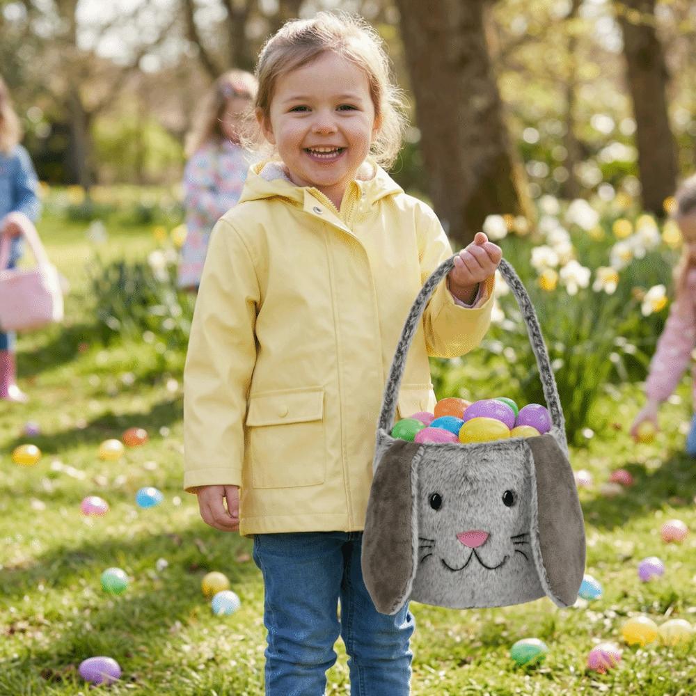 Decorative Basket Bunny Easter Basket Soft Fluffy Long Ear Plush Basket Portable Large Capacity Easter Bucket Easter Egg Hunt