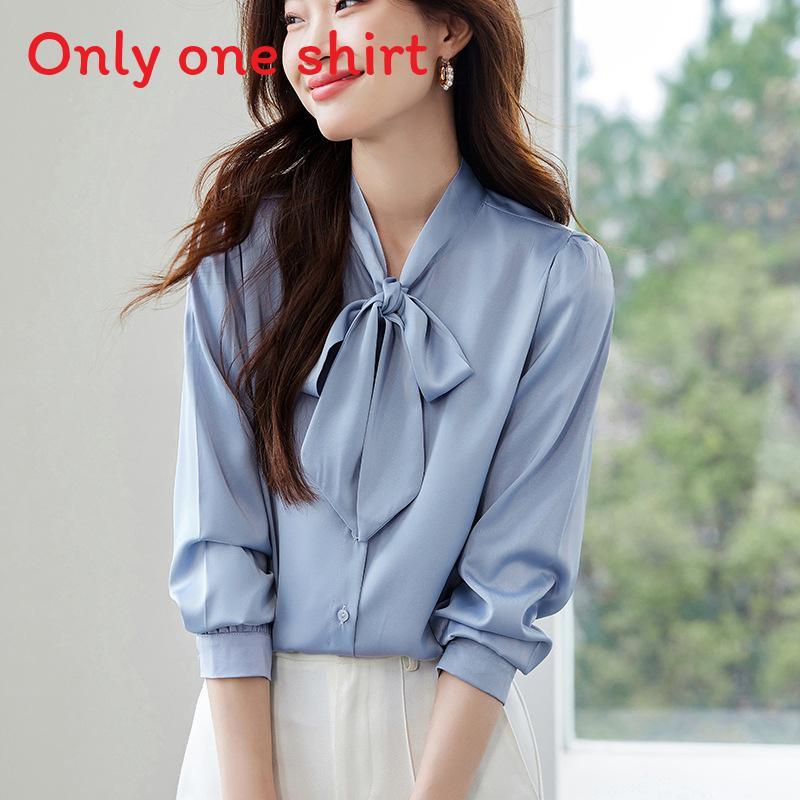 Blue Bowknot Shirt With Satin Fabric And Tie Detail For Office Women