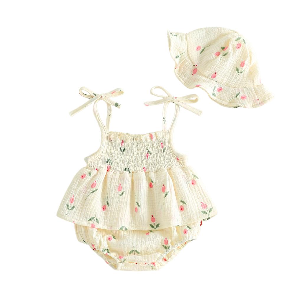 Citgeett Summer Infant Baby Girls Sleeveless Bodysuit Dress Casual Floral Heart Prints Tie-Up Straps Jumpsuit Cute Sun Hat Set