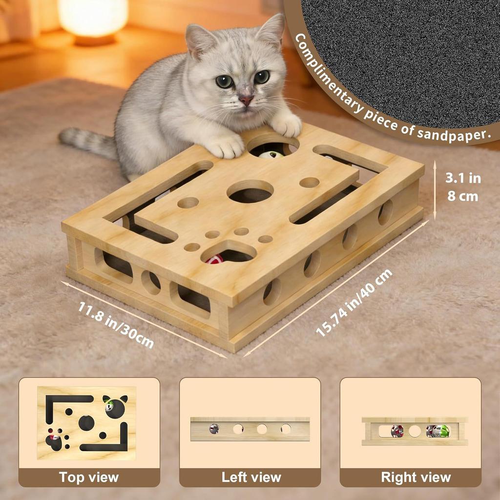 Solid Wood Cat Scratcher & Teaser: Interactive 3-in-1 Self-Entertainment, Nail Grinding, Educational Toy