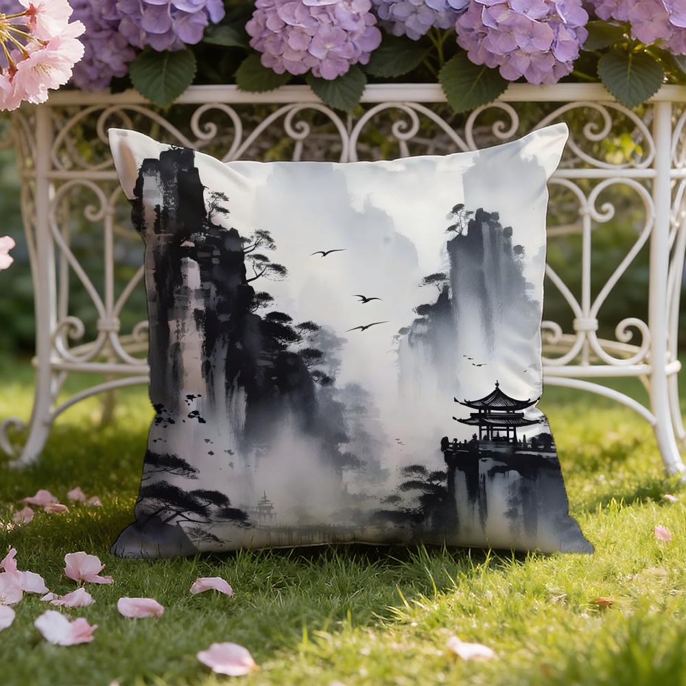 Chinese Ink Painting Style Cushion Cover Home & Car Dual-Scene Pillow Cover: Reversible for Premium Comfort
