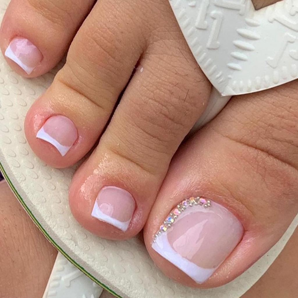 Removable Wearable Short Toenails: White French Edge with Rhinestones Fake Nail Stickers