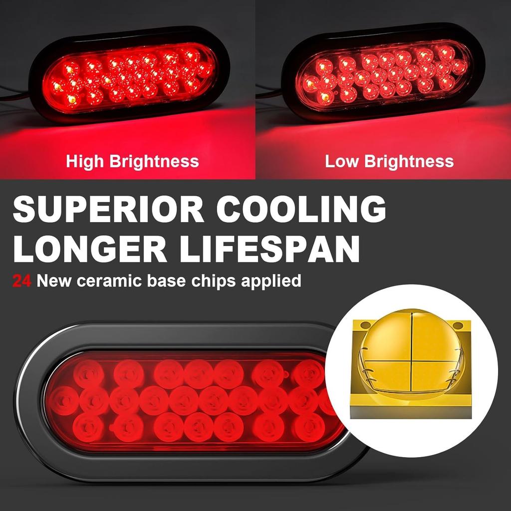 6 Inch Oval Red LED Trailer Tail Lights 2PCS, Super Bright 24 LEDs Brake Turn St