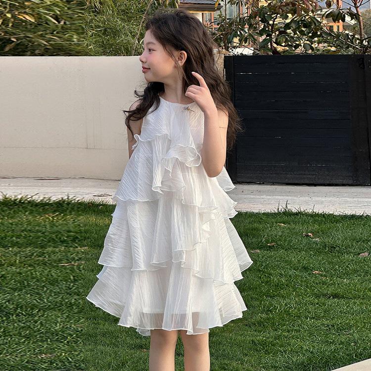 Girls' Shimmering Princess Sleeveless Ruffle Dress - 2026 Summer Holiday New Arrivals for Middle and Older Children