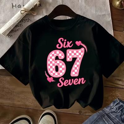 Kids T-Shirt Pink Checkered Six Seven Print Cute Heart Casual Short Sleeve Tee for Kids Summer Children Sport Shirt