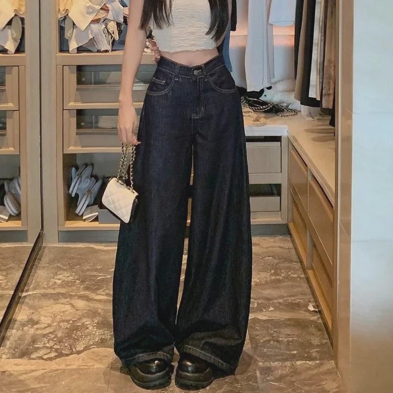 Women's Dark Blue Wide-Leg Jeans, High Waist, Slim Fit, Loose Mopping, Autumn 2024 Collection