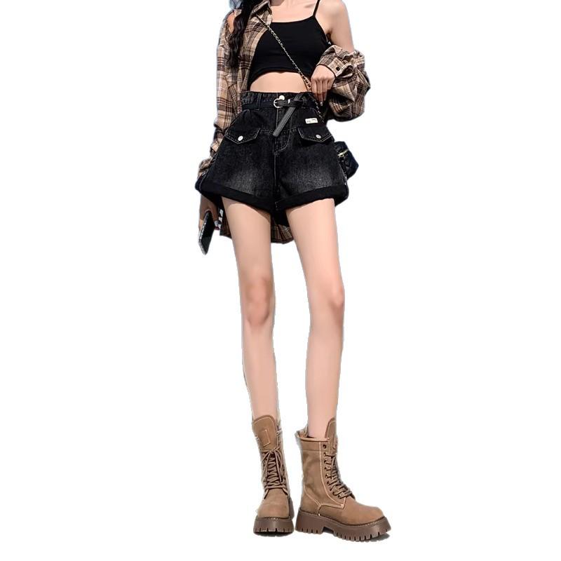 2026 New Women's Black High-Waisted A-Line Denim Shorts with Spicy Style and Rolled Hem