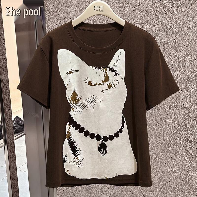 Women s Lazy Cat Print Round Neck T-Shirt M