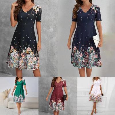 Summer Women Dress Floral Print A-line Loose Hem Short Sleeves Wavy V Neck High Waist Knee Length Commute Party Dating Shopping Midi Dress