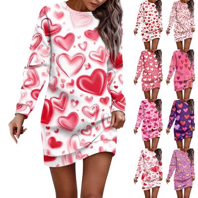 Women's Round Neck Valentine's Day Printed Long Sleeve Wrap Hip Dress Sweater Dresses