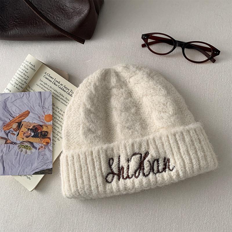Wool Blend Embroidered Letter Knit Hat For Women Winter Warmth