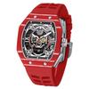 SEVEN XII Mechanical Automatic Skeleton Watch Carbon Fiber Tonneau Case Luminous Dial Waterproof Luxury Men's (Red)