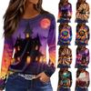 Women's Long Sleeve Casual Pullover Top Halloween Pumpkin Print Crew Neck Split Hem Blouse Lightweight Comfortable Fit