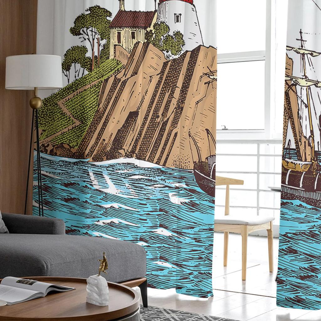 Ancient Lighthouse Sailing Ship Line Bedroom Transparent Sheer Curtains Holiday Decoration Window Voile Tulle Curtain