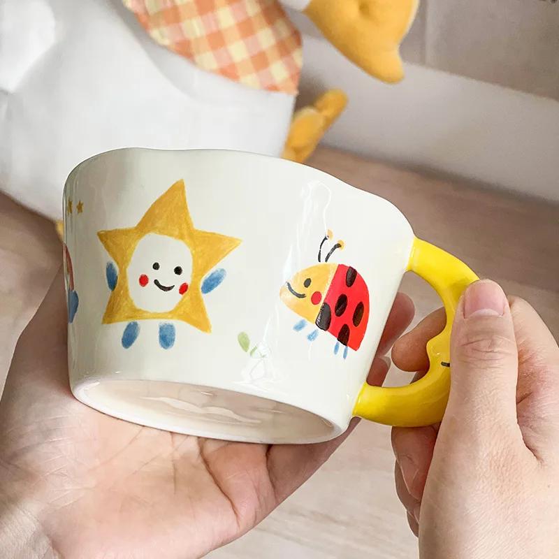 300ML Cute Coffee Cups Ceramic Cartoon Hand Painted Handle Breakfast Milk Beverage Water Cup Couple Mug Gift Home Office Drinks