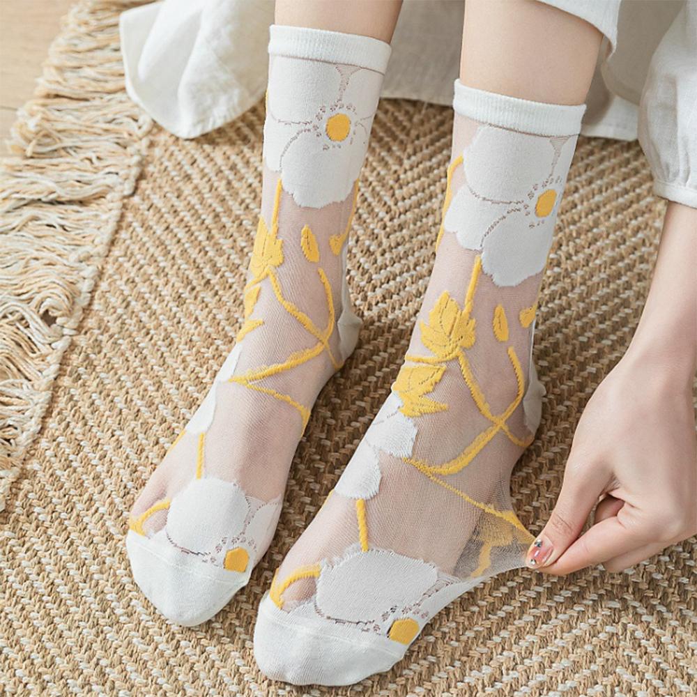 1 Pair Women's France Floral Ultra-Thin Transparent Crystal Silk Socks New Sweet Cute Japanese Summer Mid-Tube Elastic Socks
