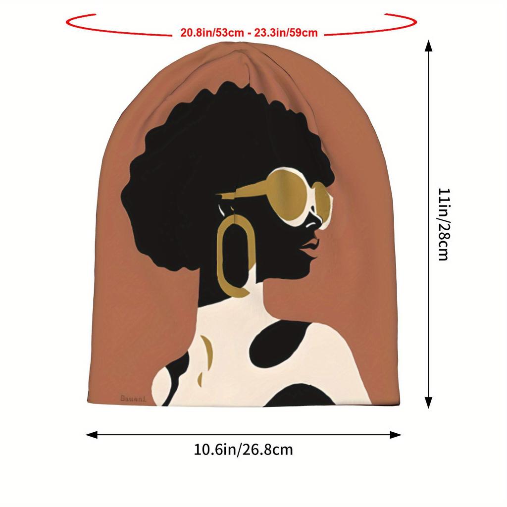Biihudu African Woman Beanie Hat - Stretchy Snug Fit Winter Skull Cap, Brown/Black/ Cultural Afro Hairstyle Design For Women - F