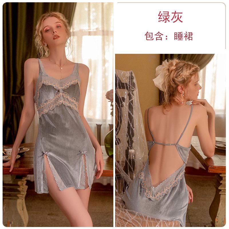 Women's Velvet Padded Backless Cami Sleep Dress with Tie Robe Lounge Set