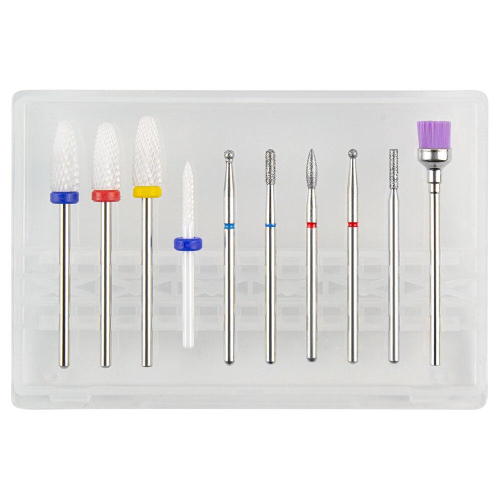 Sada 10ks fréz na manikúru Keramické vrtáky na nehty Čistič kartáč Diamantový mlýnek Příslušenství pro odstranění gelového laku