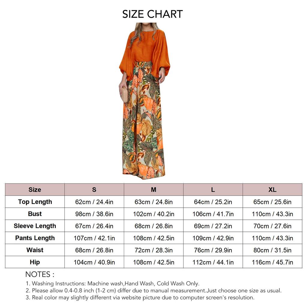Women Casual 2 Piece Outfit Long Puff Sleeve Crewneck Top Blouse Floral Print Wide Leg Pants for