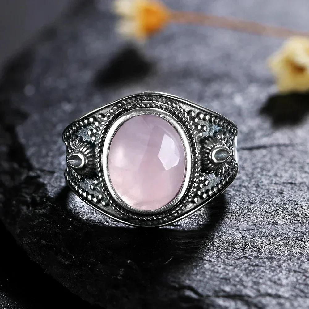 Sterling Silver 925 Vintage Rings Oval 8X10mm Rings Black Onyx Natural Fine Jewelry For Men Women Rhodochrosite Rings