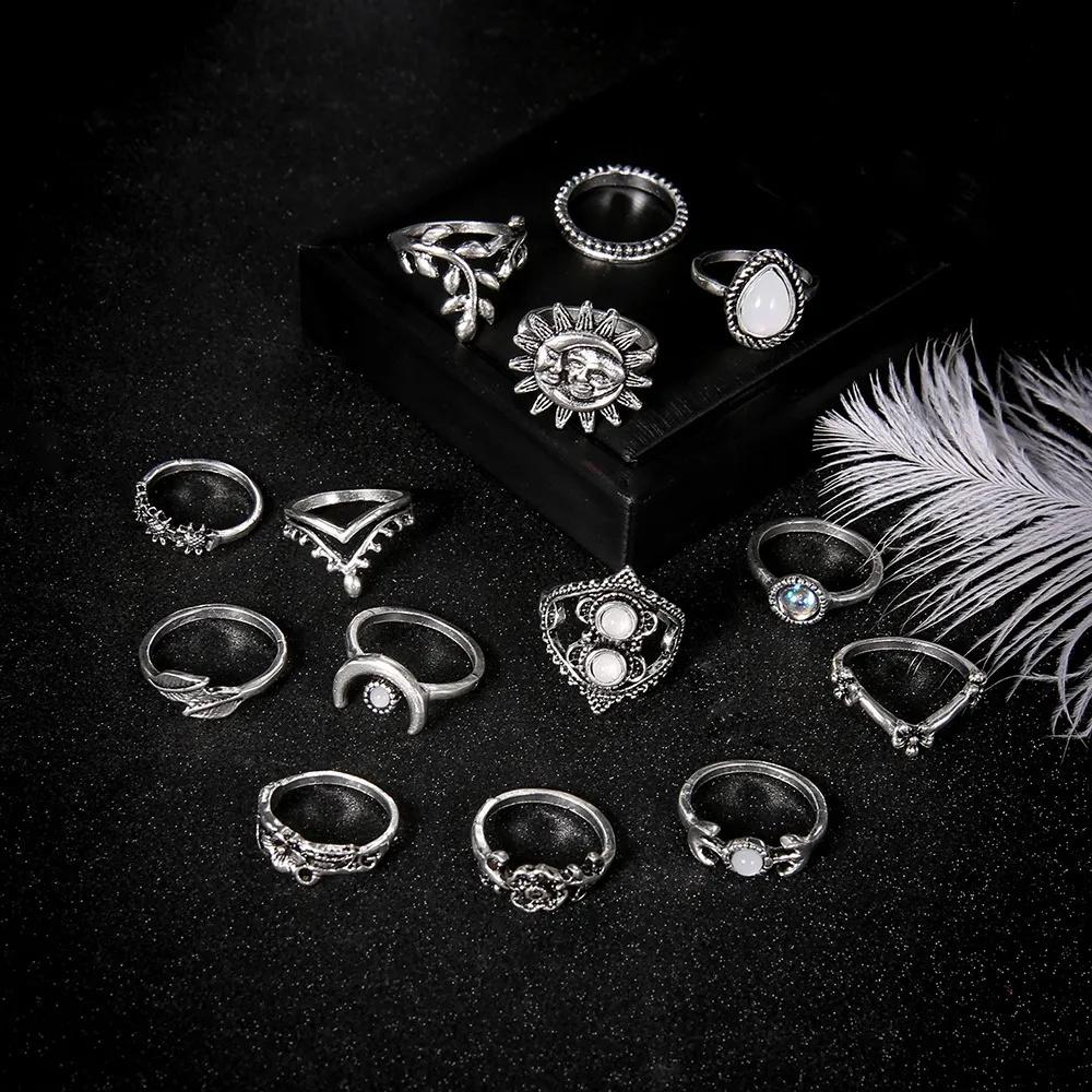 14pcs/Set Women Bohemian Vintage  Stack Rings Above  Blue Rings Set