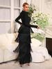 European & American Tassel Long Sleeve Bandage Evening Dress