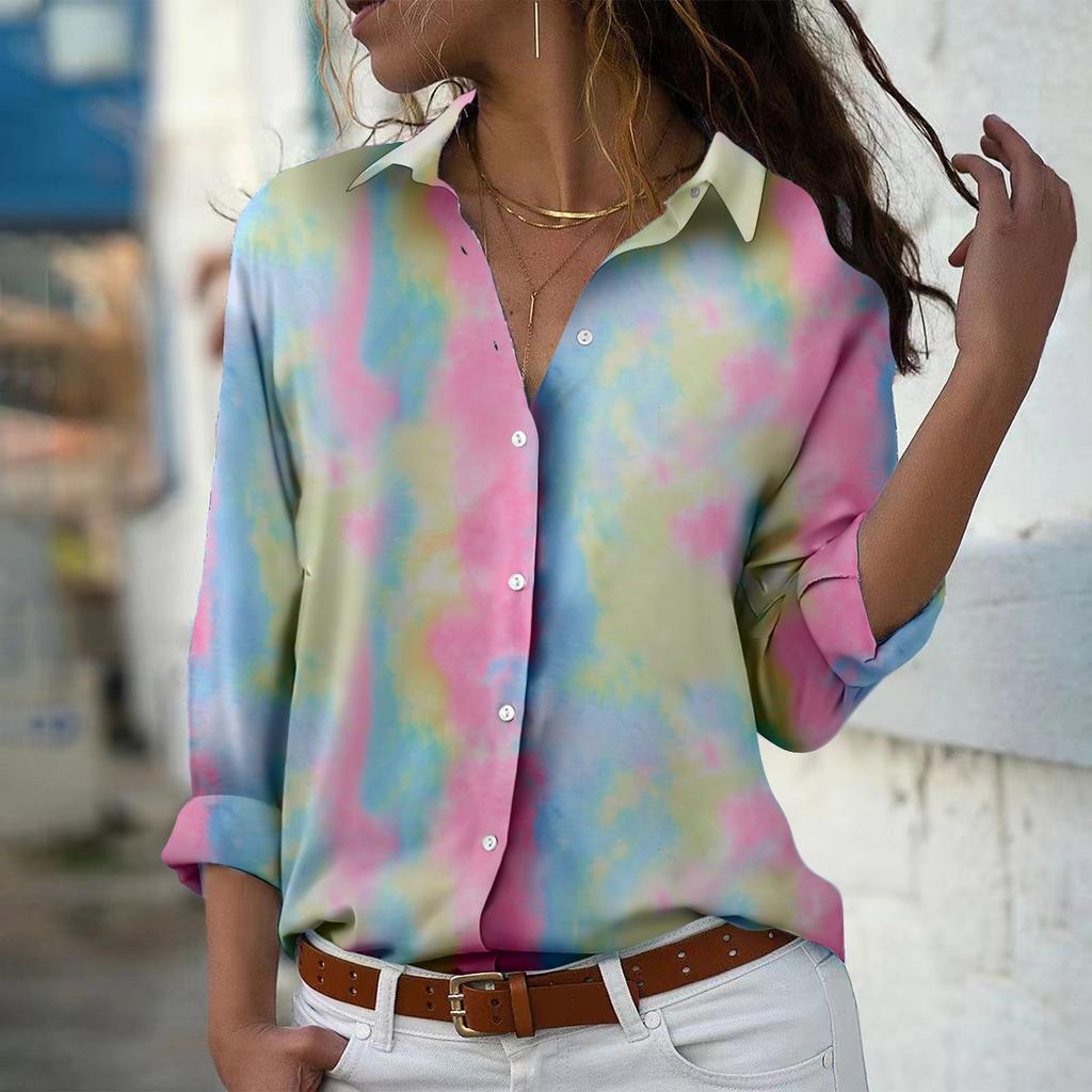 Color Tie Dyel Print Women Blouse Spring Autumn Chemise Femme Office Lady Button Up Turn Down Collar Shirts
