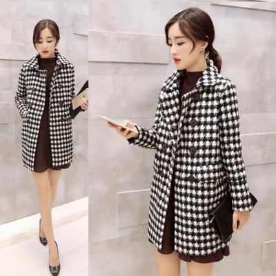 Women's Fall Medium-length Double-breasted Black and White Check Coat