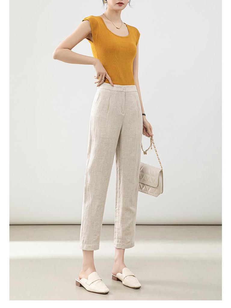 Women's High-Waist Cotton Linen Cigarette Pants - Summer 2025, Petite Eight-Point Casual, Straight Leg