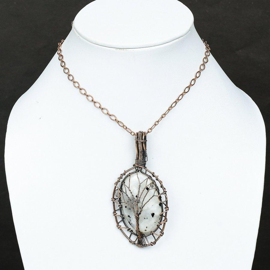 Rainbow Moonstone Gemstone Copper Wire Wrap Jewelry Pendant 3.35"