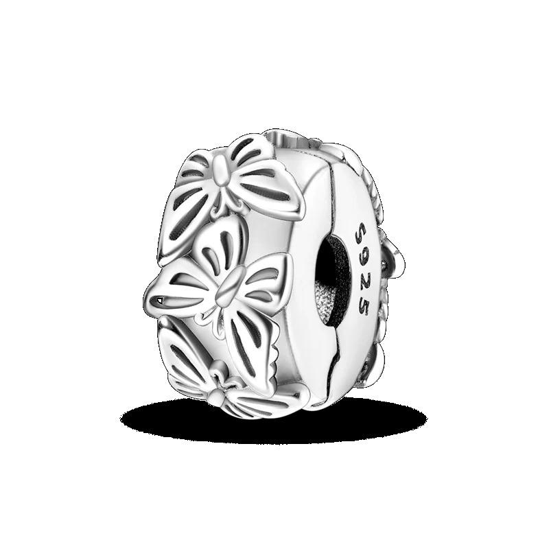Silver Clasp 925 Silver CZ Pave Clip Charms Daisy Beads Stopper Safety Chain Fit Original Bangle Bracelet Jewelry Clip