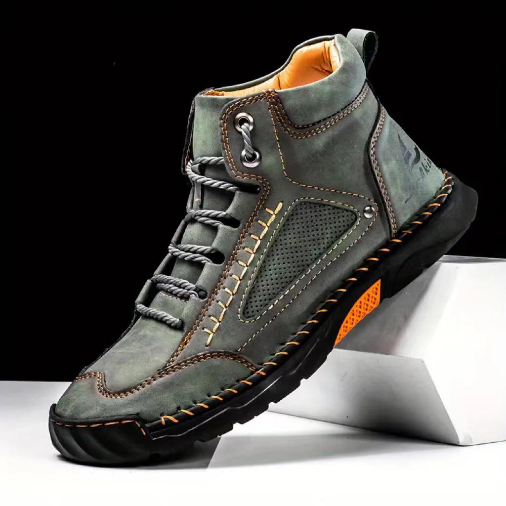 2025 Spring Men's Plus Size Hand-Stitched Leather Boots - Fashionable, Breathable, Casual Korean Style