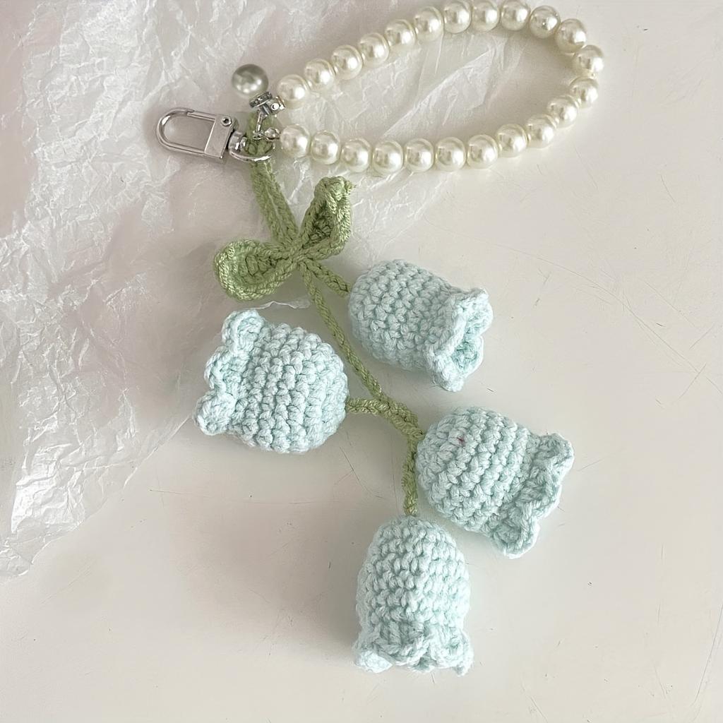 Cute Pearl Chain Woolen Crochet Lily Of Valley Flower String Keychain Bag Decorative Buckle Boho Style Creative Keychain Backpack Pendant Party