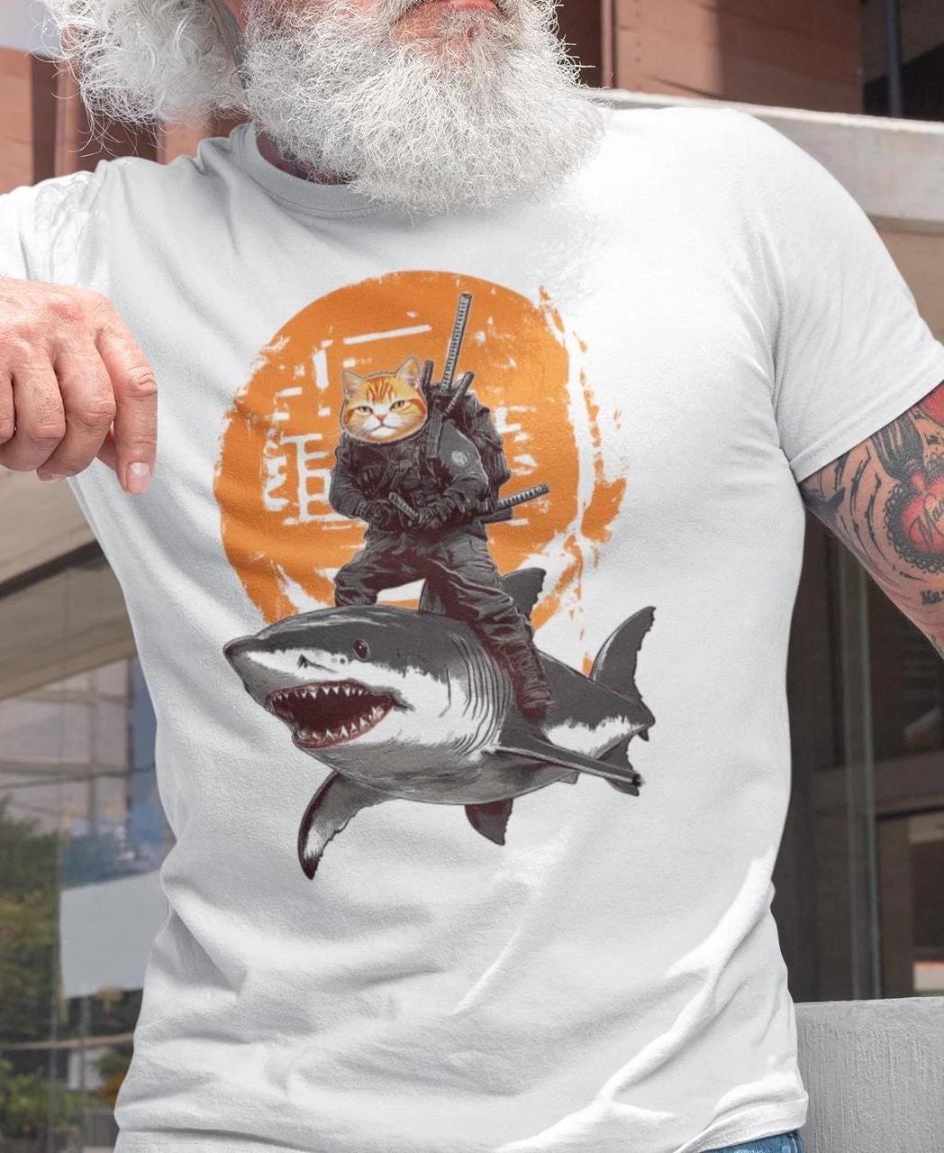 Funny Ninja Cat Riding Shark T-T-shirt – Warrior Samurai Cat Tee, Humor Animal XL